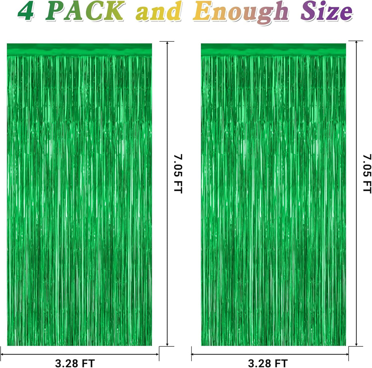 4 Pack Green Streamers, 3.28 FT x 7.05 FT Birthday Tinsel Backdrop, Metallic Green Foil Fringe