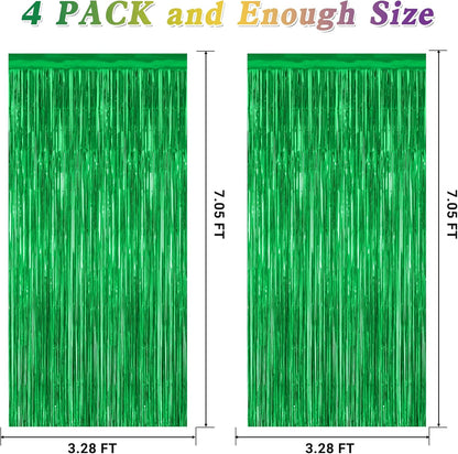 4 Pack Green Streamers, 3.28 FT x 7.05 FT Birthday Tinsel Backdrop, Metallic Green Foil Fringe