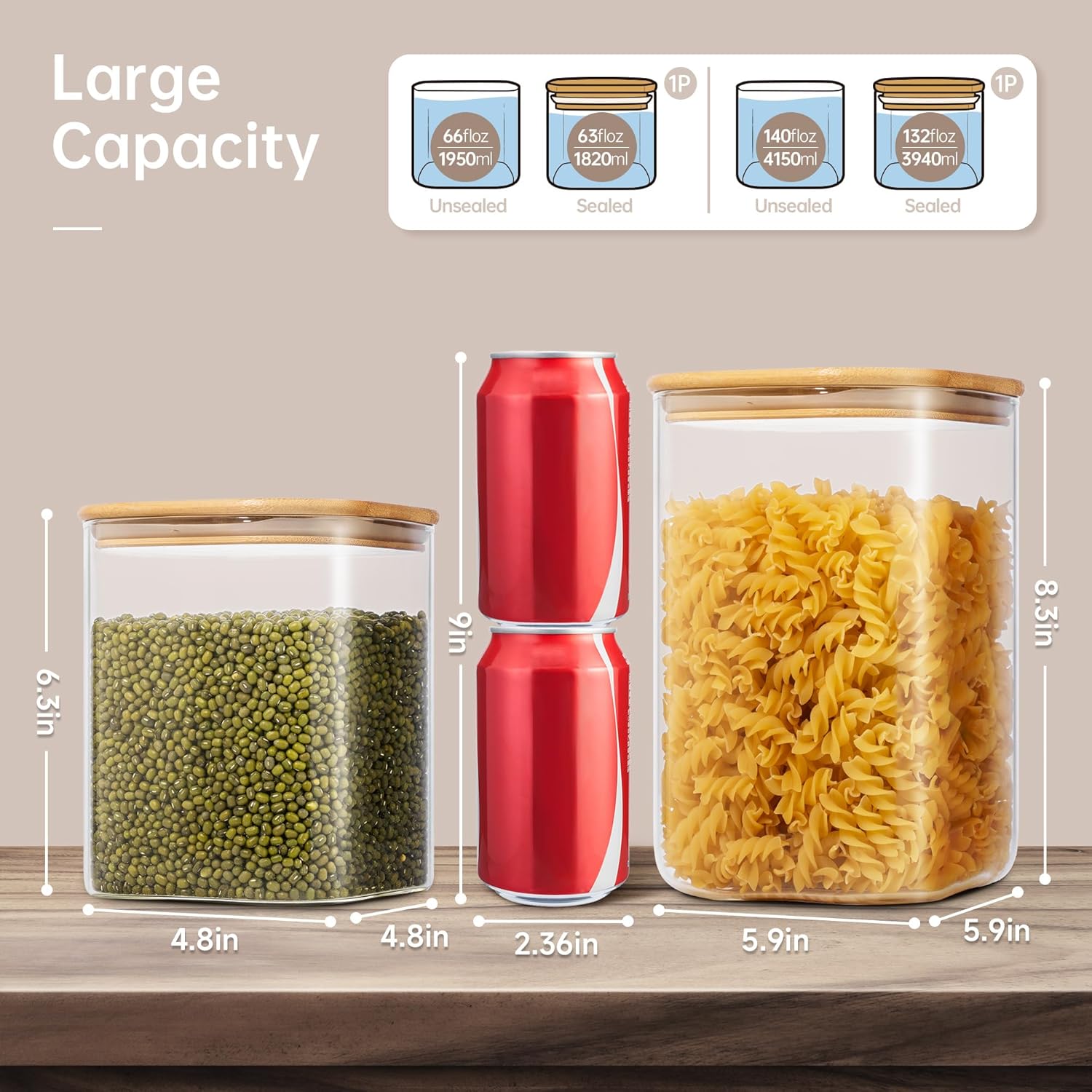 Extra Large Square Glass Flour & Sugar Storage Containers with Airtight Lids, 132oz & 63oz - 2 Pack