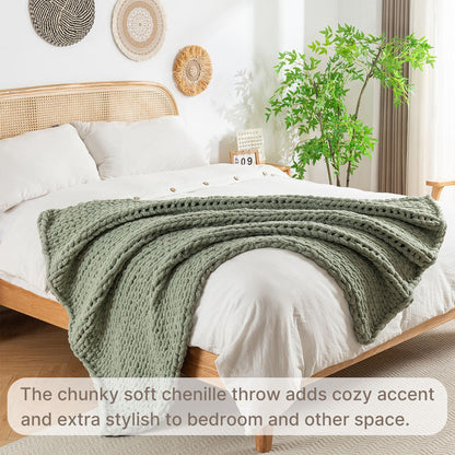 Chunky Knit Blanket Throw, 100% Hand Knit Throw Blanket Handmade Chenille Cable Knit Throw for