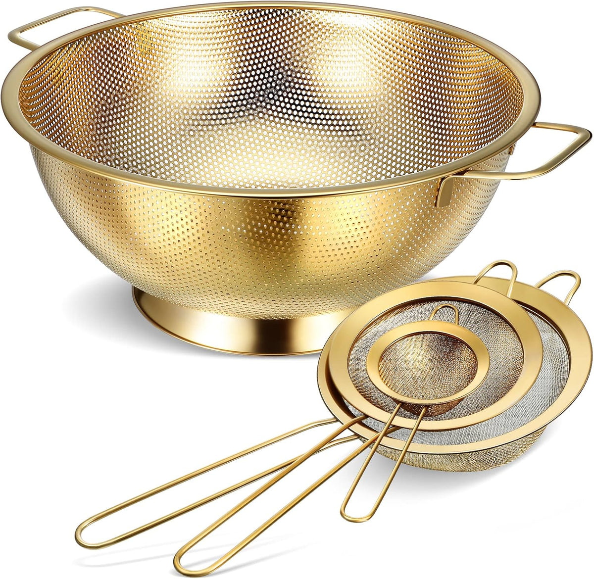 Norme 5 Quart Stainless Steel Gold Colander and 3 Pcs Gold Fine Mesh Strainer, Stainless Steel