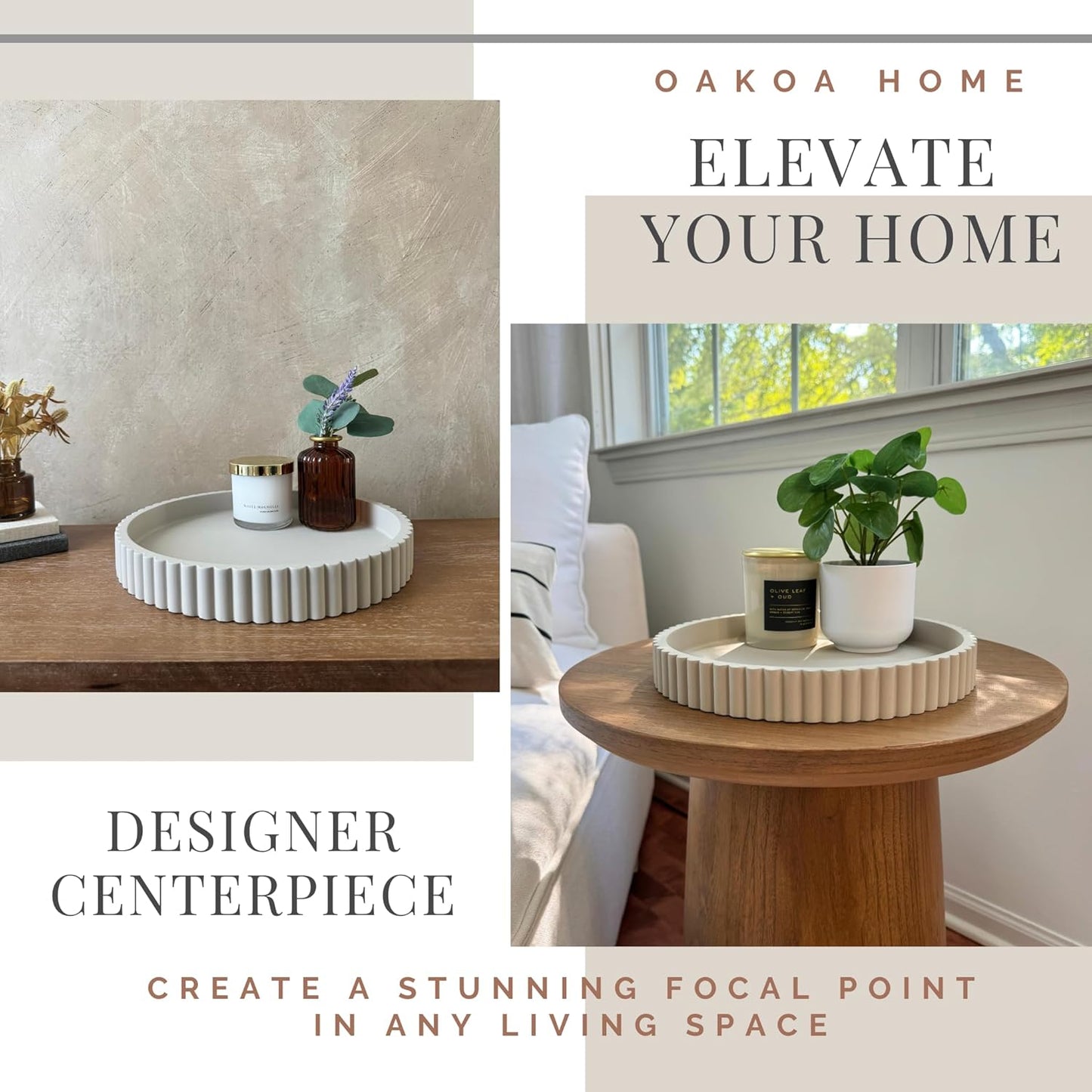 OAKOA Round Decorative Tray for Coffee Table Decor - Concrete Round Tray Home Decor - Bandejas