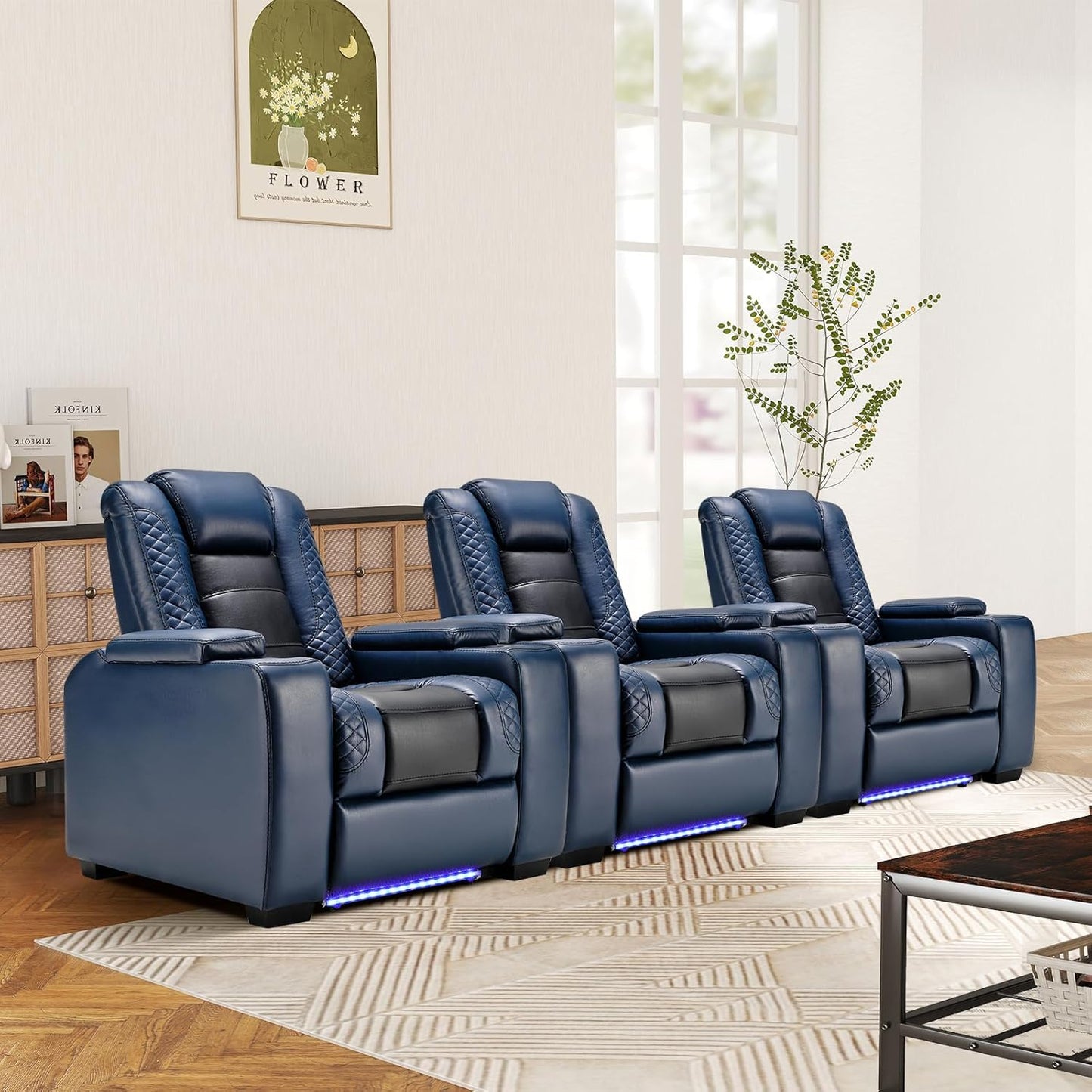 ANJ Power Home Theater Seating Set of 3, Blue Faux Leather Electric Recliner Chair with Powered