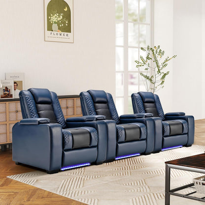 ANJ Power Home Theater Seating Set of 3, Blue Faux Leather Electric Recliner Chair with Powered