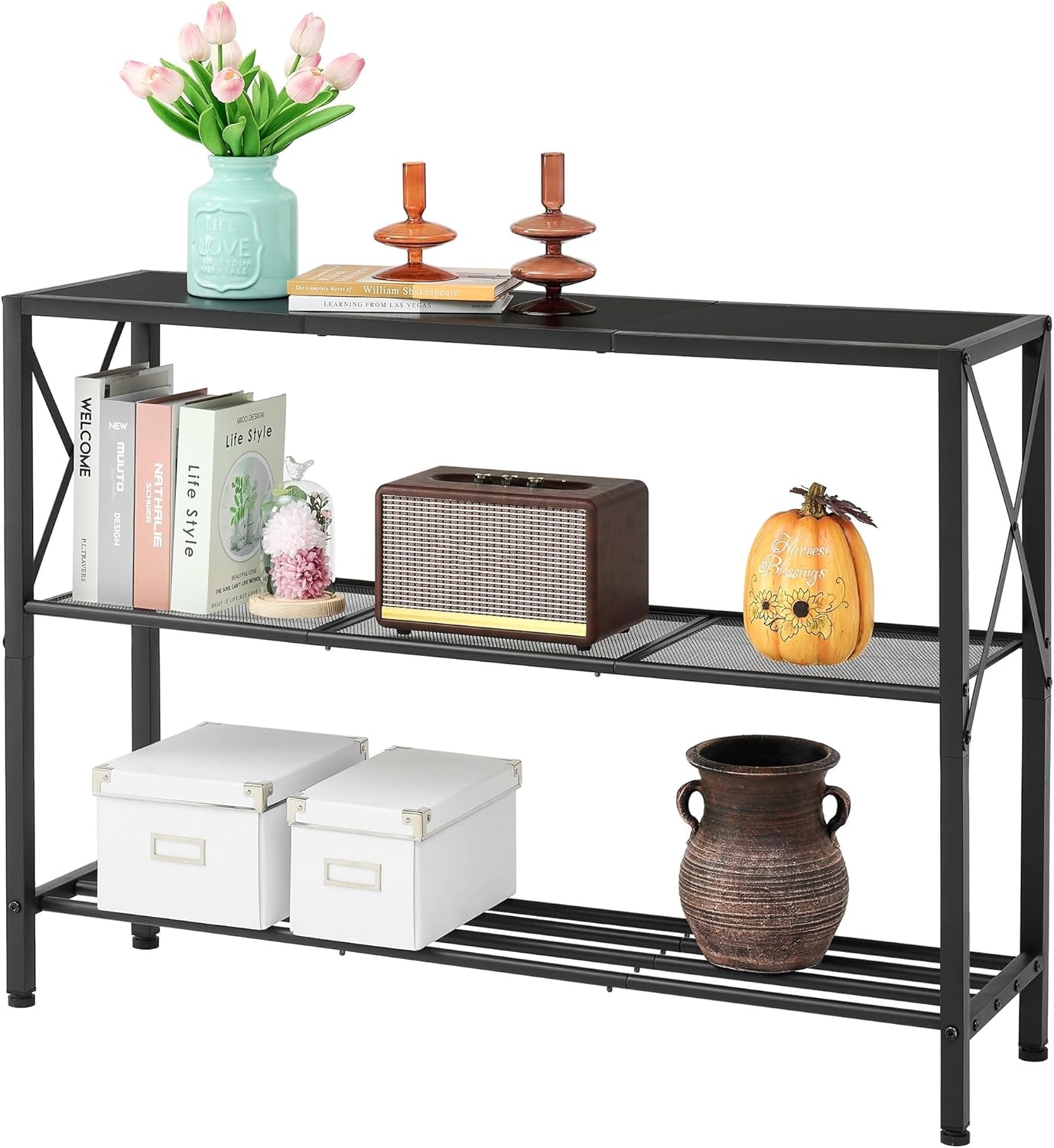 Hoctieon Industrial Console Table, 3 Tier Entryway Table, Hallway Table, Narrow Sofa Table with