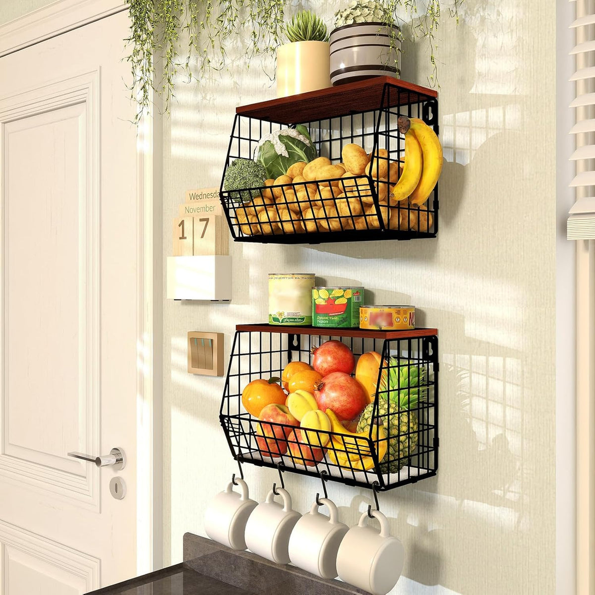2pcs Fruit Basket Kitchen Storage Basket with Wood Lid, Stackable Wall Basket Fruit Basket for