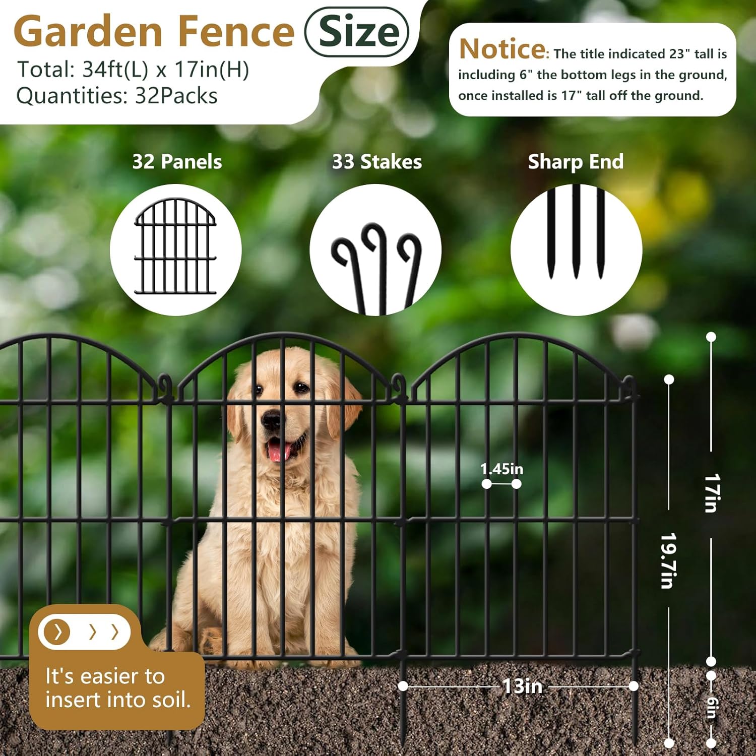 32 Panels Garden Fence, 34ft x 23in Animal Barrier Fences for Rabbits Dogs, Rustproof Metal Gardens