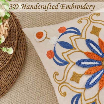 Embroidered Throw Pillow Cover 18x18 Classic Boho Floral Pattern Pillows Cover Outdoor Decorative