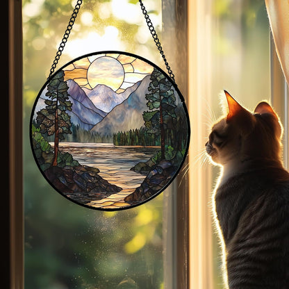 Stained Glass Window Hanging, Sunset Mountains Lake Tree Sun Catcher for Window Home Decor
