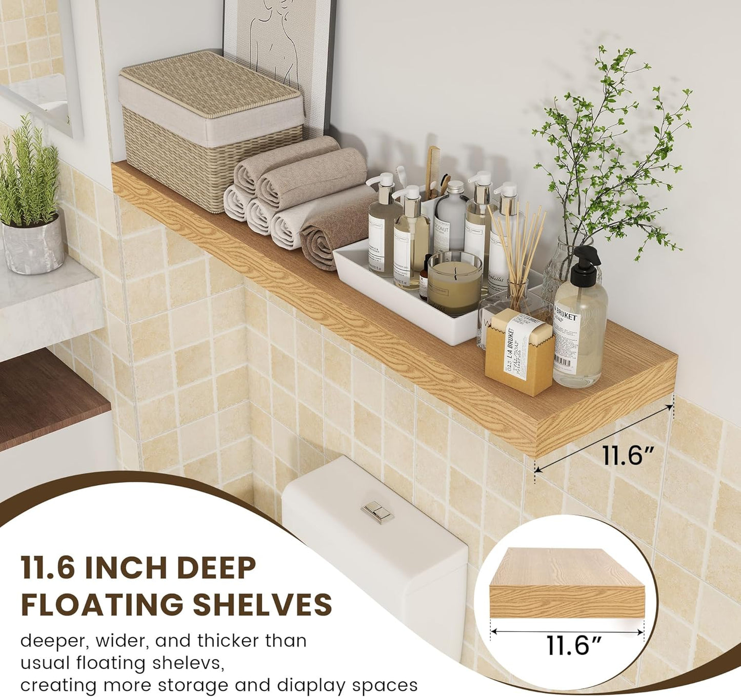 12 Inch Deep Floating Shelves for Wall, 48W x 12D Rustic Oak Wood Floating Shelves, Large Floating