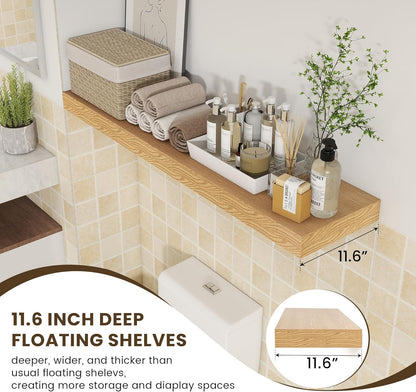 12 Inch Deep Floating Shelves for Wall, 48W x 12D Rustic Oak Wood Floating Shelves, Large Floating