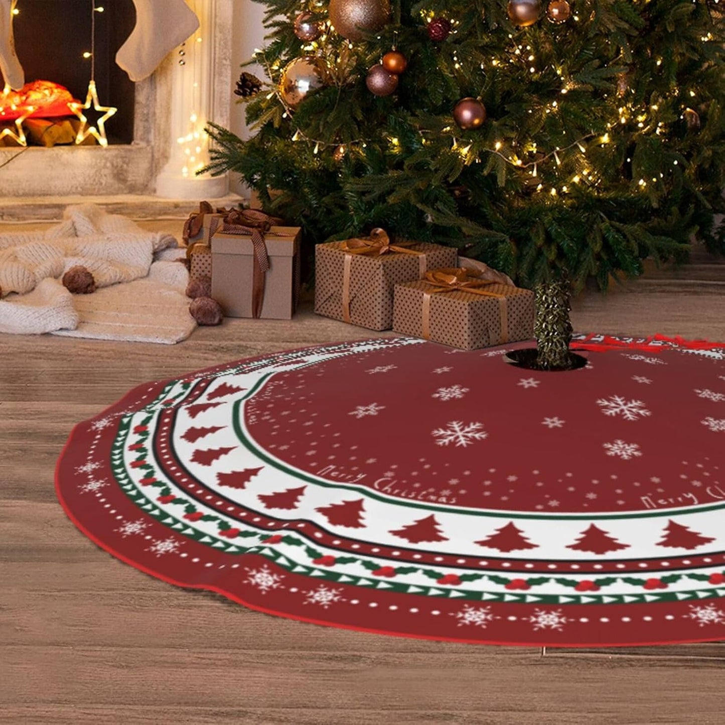 Christmas Tree Skirt 48 Inches, Red and Green Xmas Tree Mat with Winter Snowflake for Christmas