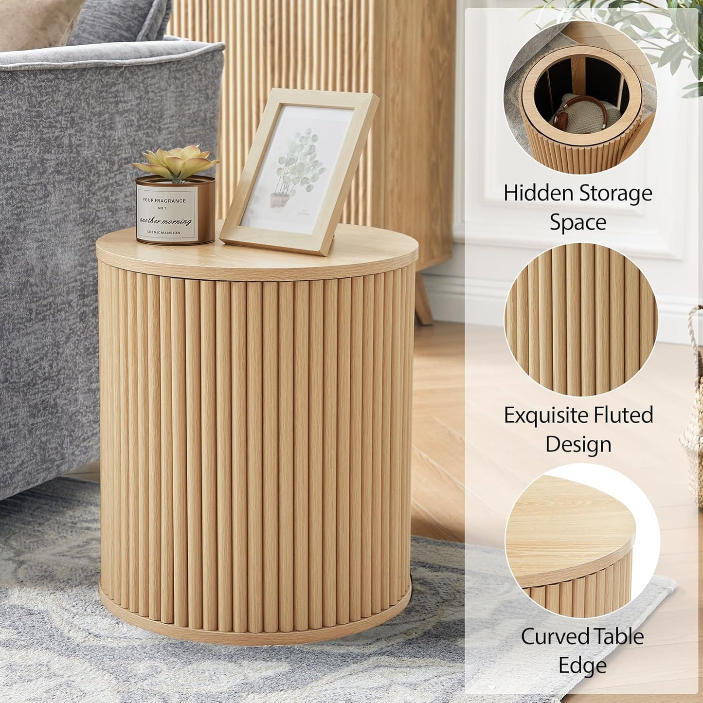 AVZEAR Small Round Side Table Fluted Night Stand Set of 2, Modern Boho End Table with Storage
