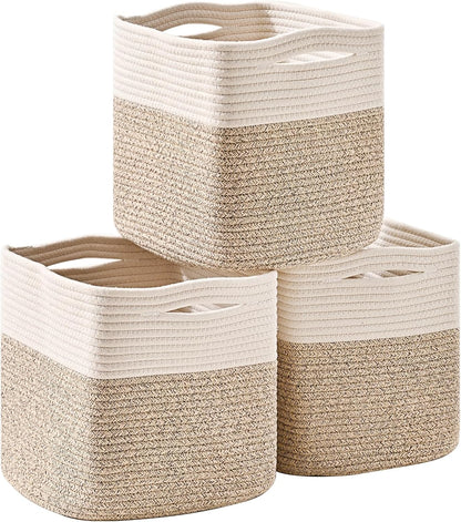 11 Inch Cube Storage Bins, Organizer Woven Cotton Rope Square Baskets for Organizing Shelves, Toys
