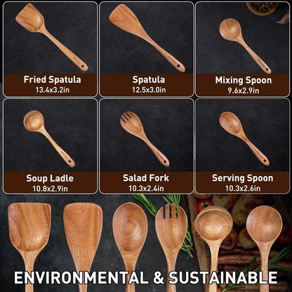 Wooden Spoons - Wooden Spoons for Cooking,Natural Wooden Kitchen Utensils Set Non Toxic,6-Piece