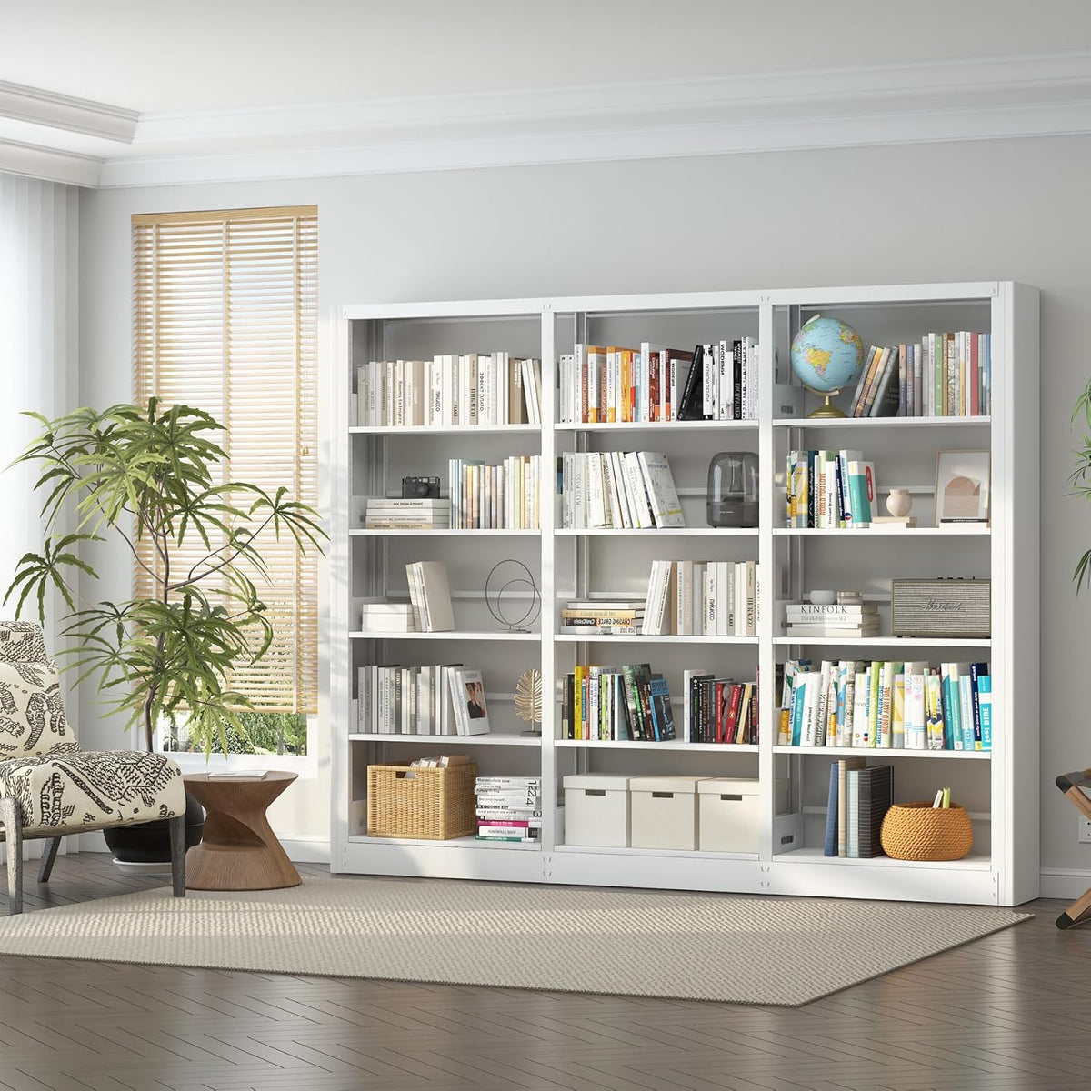 5-Tier Industrial Bookshelf, White Bookcases and Bookshelves,Tall Metal Book Shelf Storage