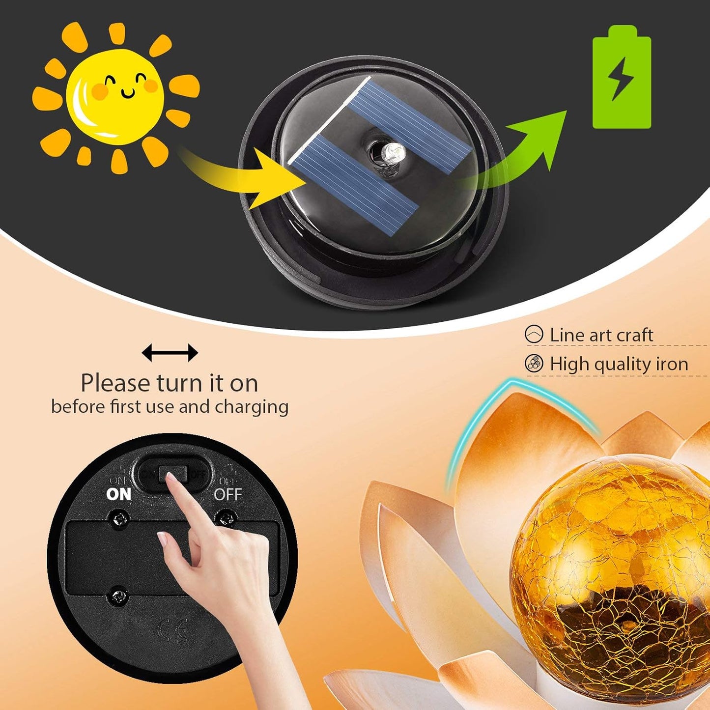 Garden Solar Lights Outdoor(2Pack) , Amber Crackle Globe Glass Lotus Decoration , Waterproof Orange