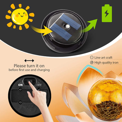 Garden Solar Lights Outdoor(2Pack) , Amber Crackle Globe Glass Lotus Decoration , Waterproof Orange