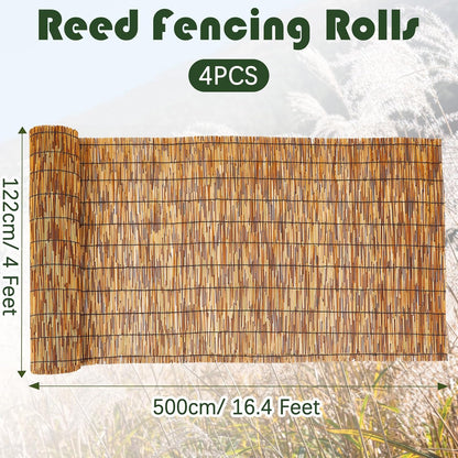 Barydat 4 Pcs 3 x 16.4 ft Bamboo Privacy Screen, Reed Fence Roller Patio Decorative Fences Reed