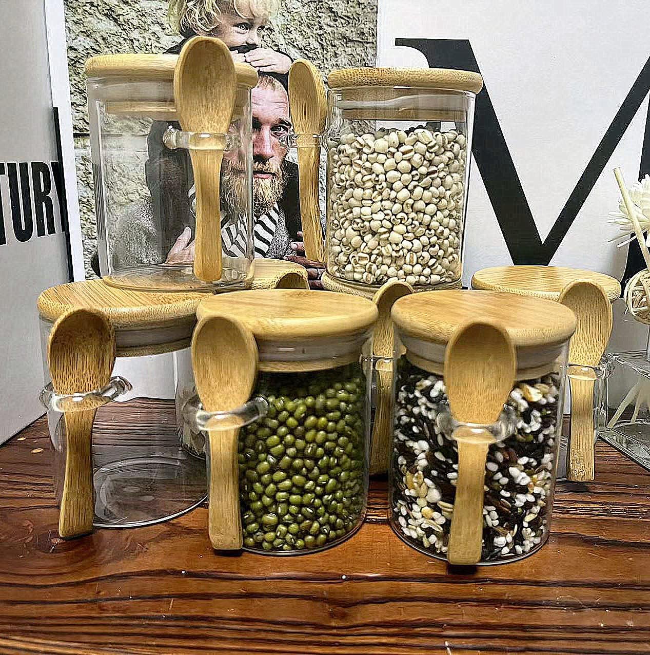 7.6 oz Airtight Mini Glass Jars with Bamboo Lids and Bamboo Spoons, Spice Jars Small Food Storage