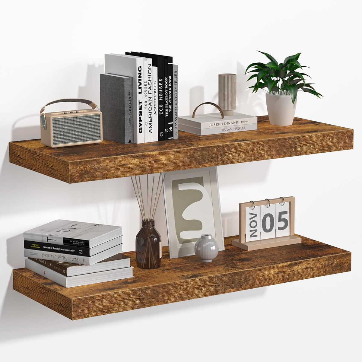 Floating Shelves - 2 Pack 9 Inch Rustic Wooden Wall Shelves - Extra Deeper & Thicker Wall Mounted