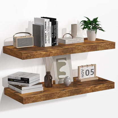 Floating Shelves - 2 Pack 9 Inch Rustic Wooden Wall Shelves - Extra Deeper & Thicker Wall Mounted