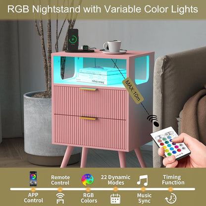 Pink Nightstand with Charging Station and LED Lights,Modern Bedside Table with 2 Storage Drawer and