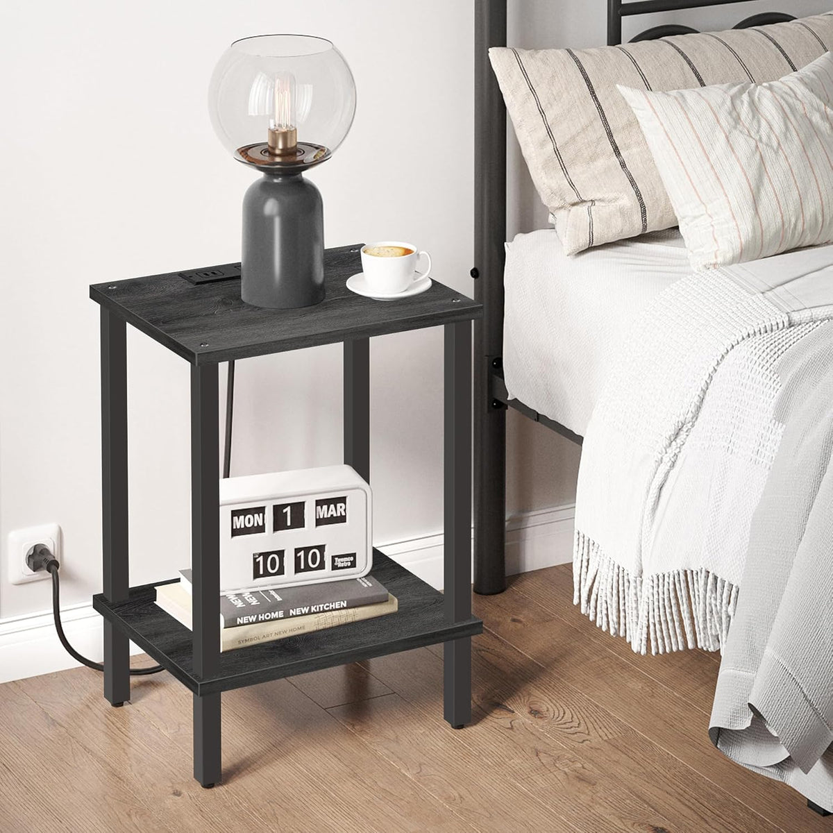 TUTOTAK End Table with Charging Station, Small Side Table with Outlets, Nightstand Bedside Table