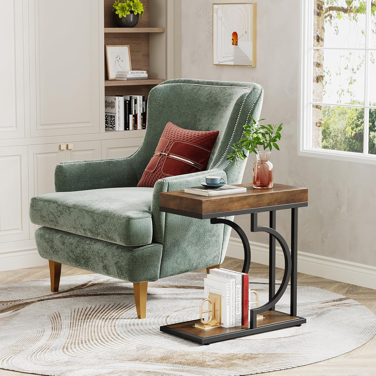 Tribesigns Narrow Side Table Brown Black C Shaped End Table Modern Bedside Tables for Couch, Small