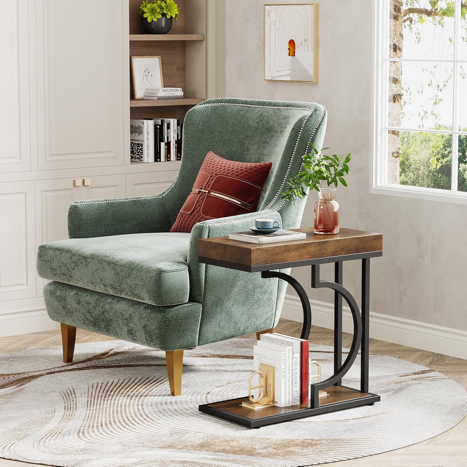 Tribesigns Narrow Side Table Brown Black C Shaped End Table Modern Bedside Tables for Couch, Small
