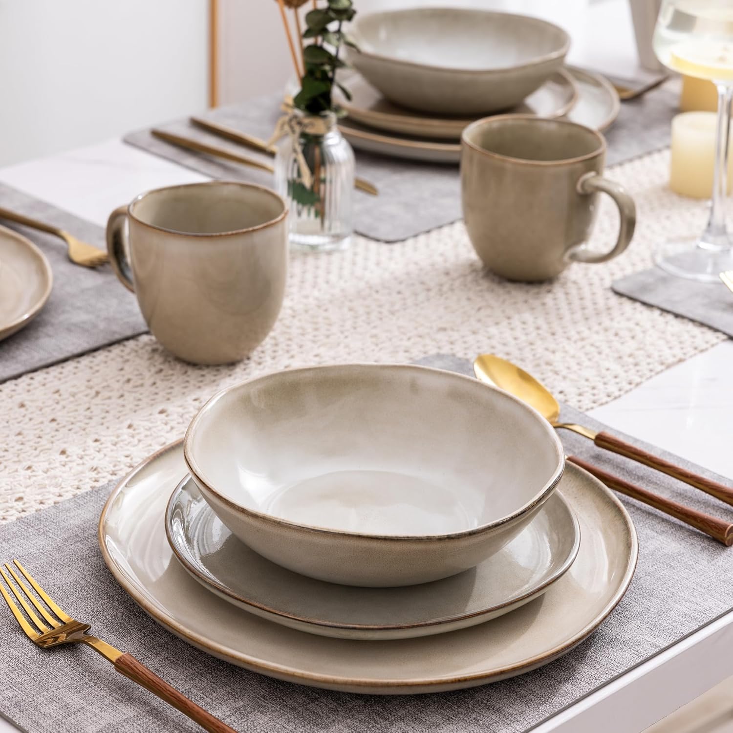 AmorArc Ceramic Dinnerware Sets,Handmade Reactive Glaze Stonewre Plates and Bowls Sets,Highly Chip