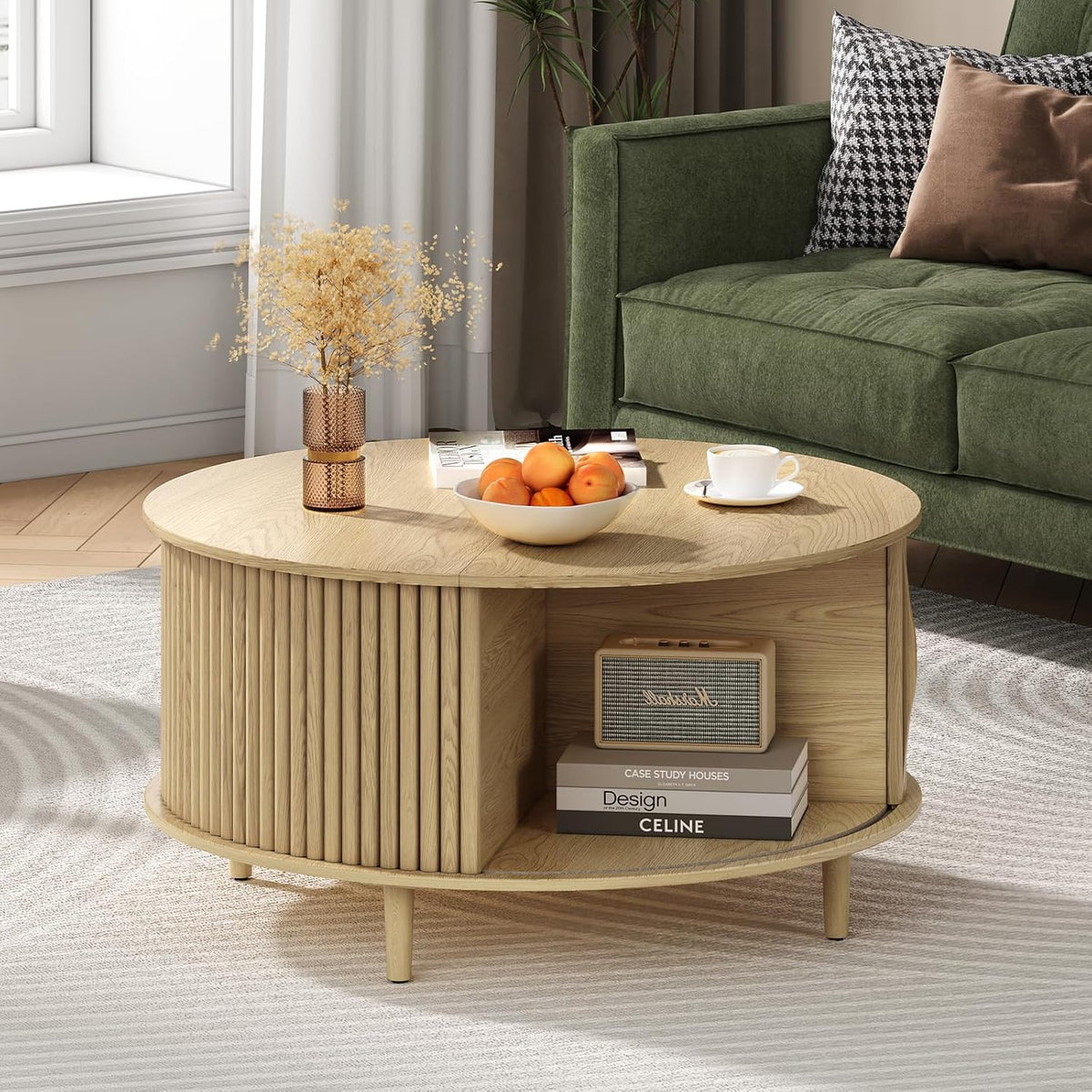 Round Coffee Table with Storage,Mid Century Modern Dining Table with Sliding Cabinet Door for