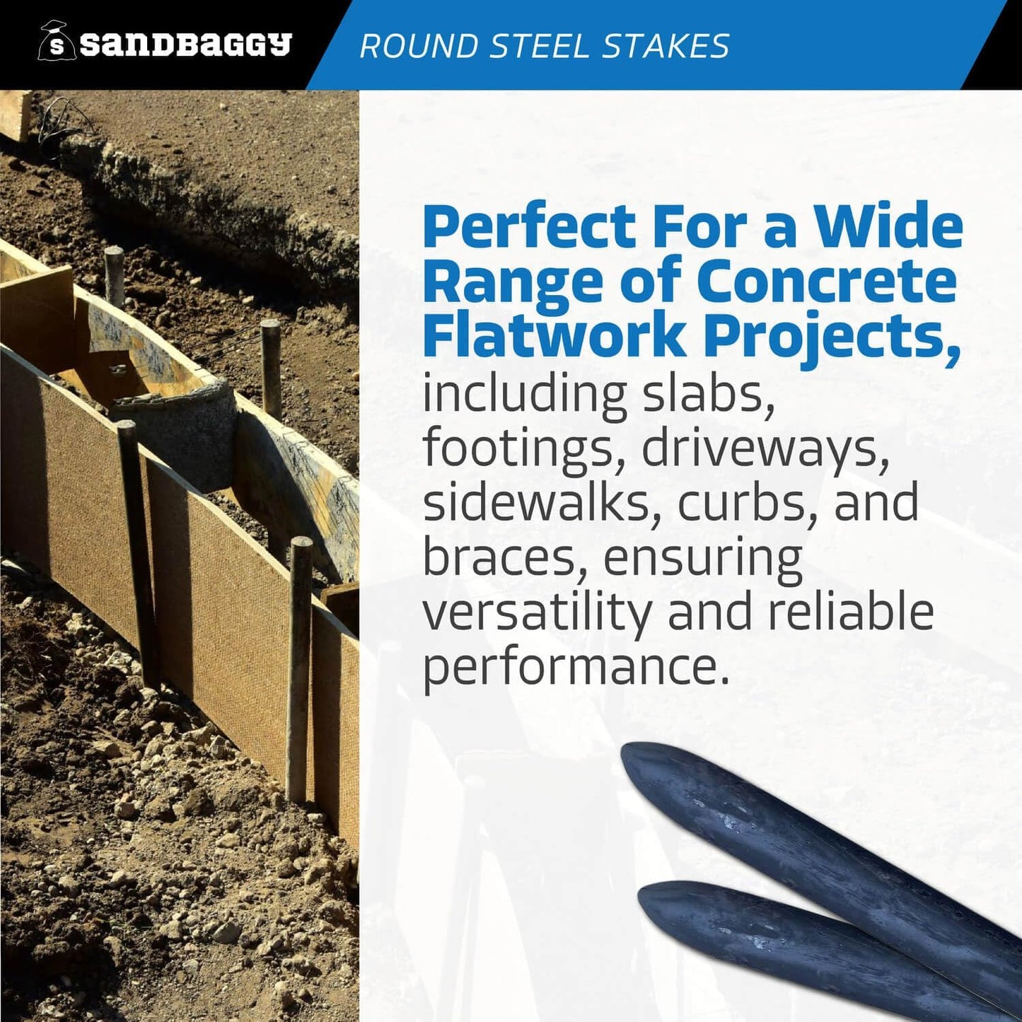 Sandbaggy Round Steel Concrete Form Stakes with Nail Holes - Rust Resistant Coating - Removable