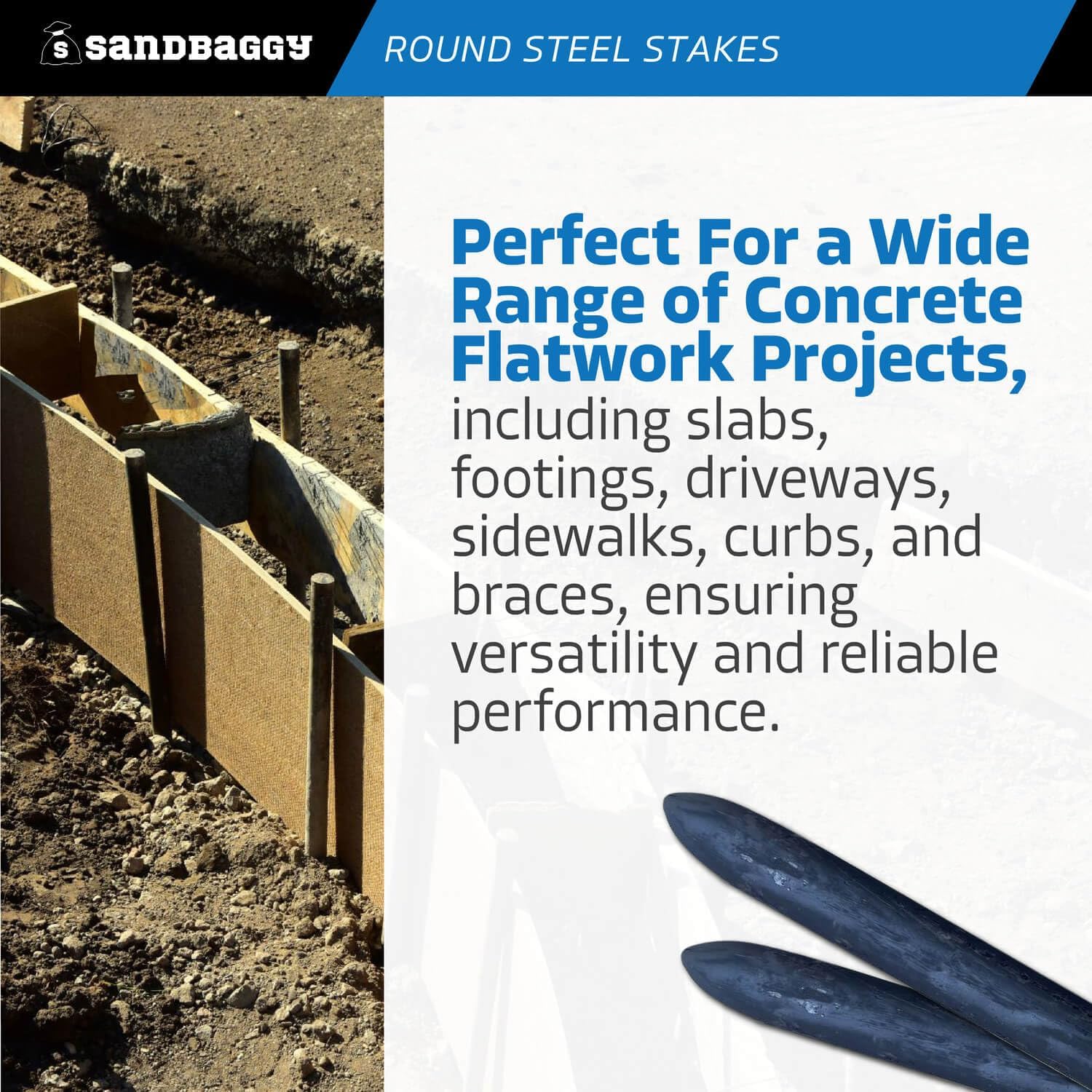 Sandbaggy Round Steel Concrete Form Stakes with Nail Holes - Rust Resistant Coating - Removable