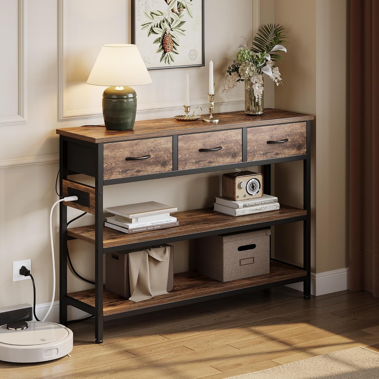 Lulive Entryway Table with Power Outlets, Console Table with 3 Fabric Drawers, Sofa Table for
