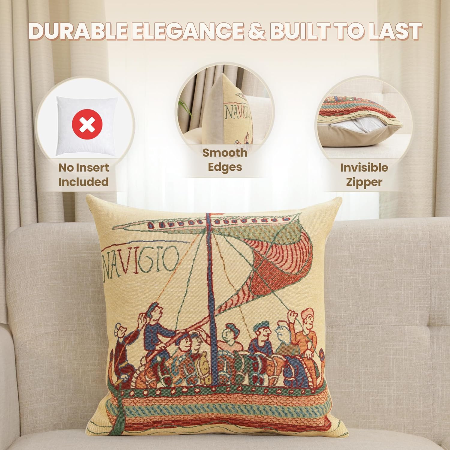 Charlotte Home Furnishings Bayeux Navigo Throw Pillow Cover 16" x 16" – Medieval Ship Decorative
