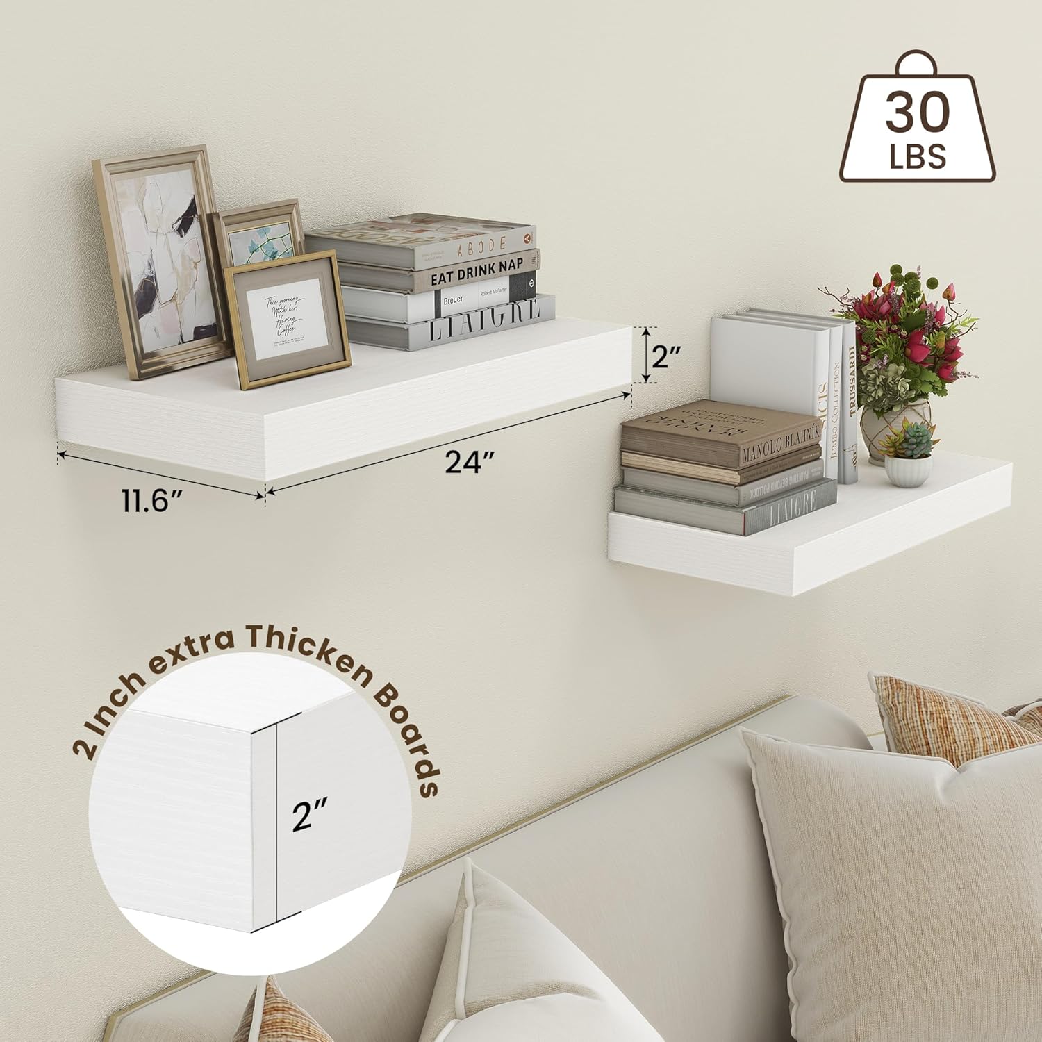 Deep Floating Shelves, 24''W x 12''D Floating Shelves White Set of 2, 12 Inch Deep Large Wood