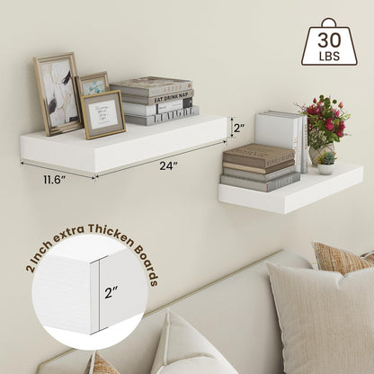 Deep Floating Shelves, 24''W x 12''D Floating Shelves White Set of 2, 12 Inch Deep Large Wood