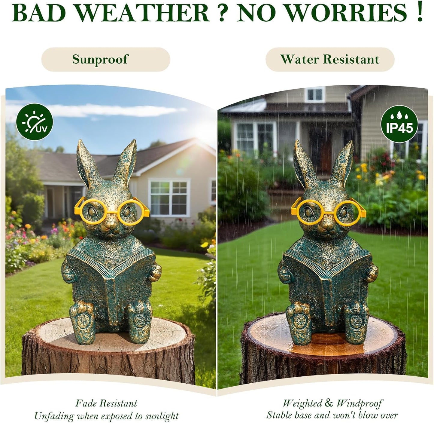 Solar Garden Decor, Adorable Rabbit Statue with Solar-Powered Glasses, Outdoor Decoration Lights