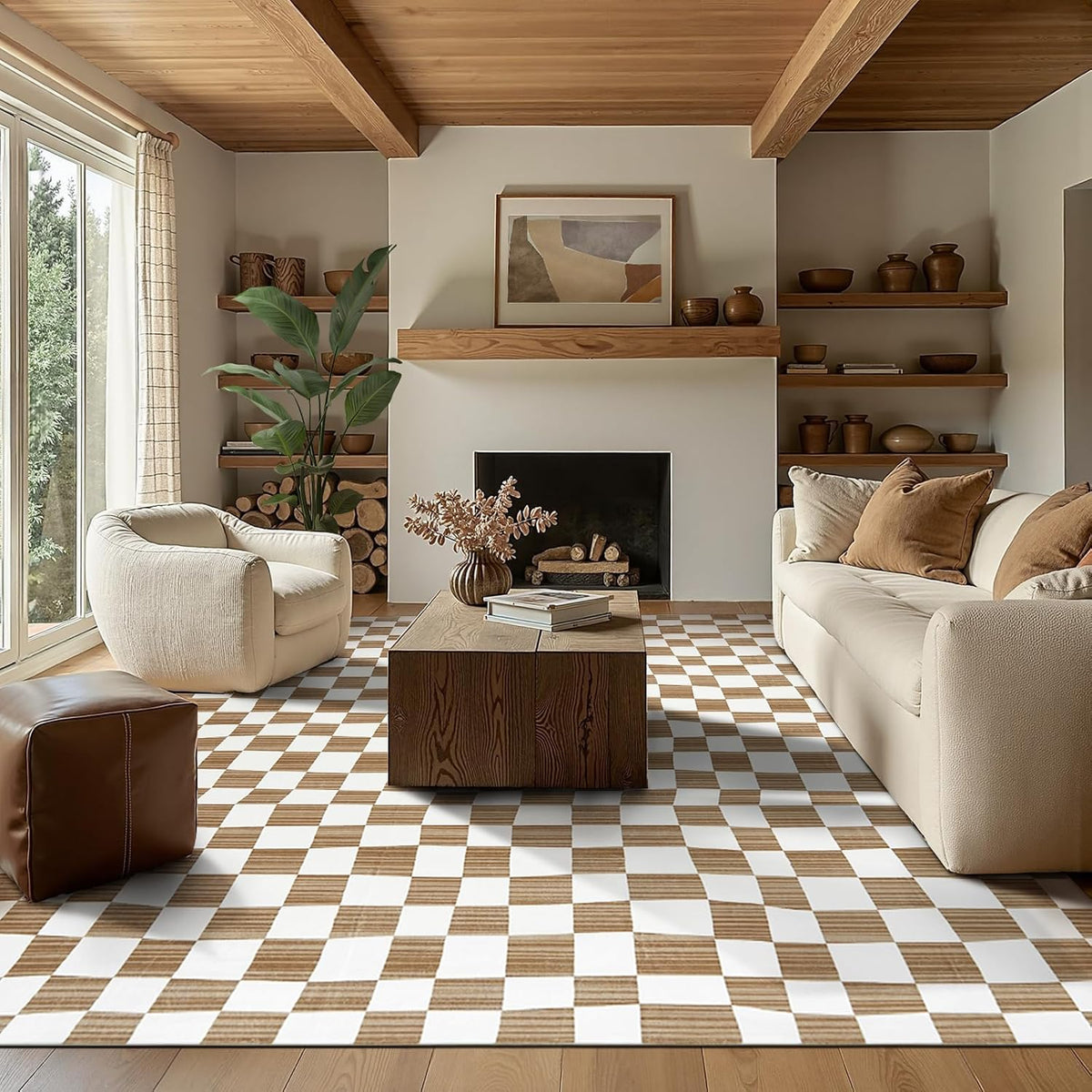 jinchan 8x10 Brown Checkered Area Rugs for Kids Room - Machine Washable Rug Modern Neutral
