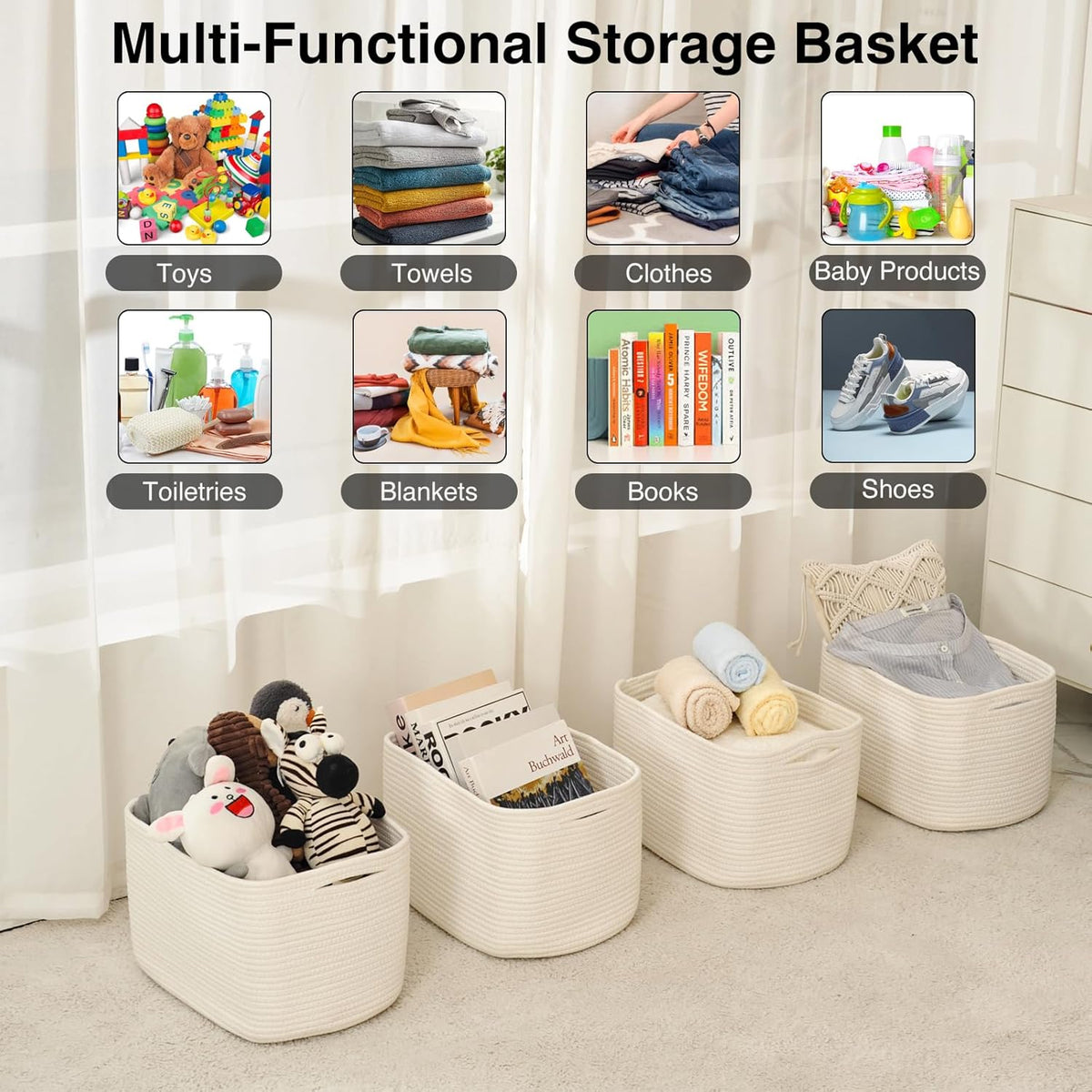 Storage Baskets for Organizing & Shelves, Woven Cotton Rope Organization Bins for Dog Toys