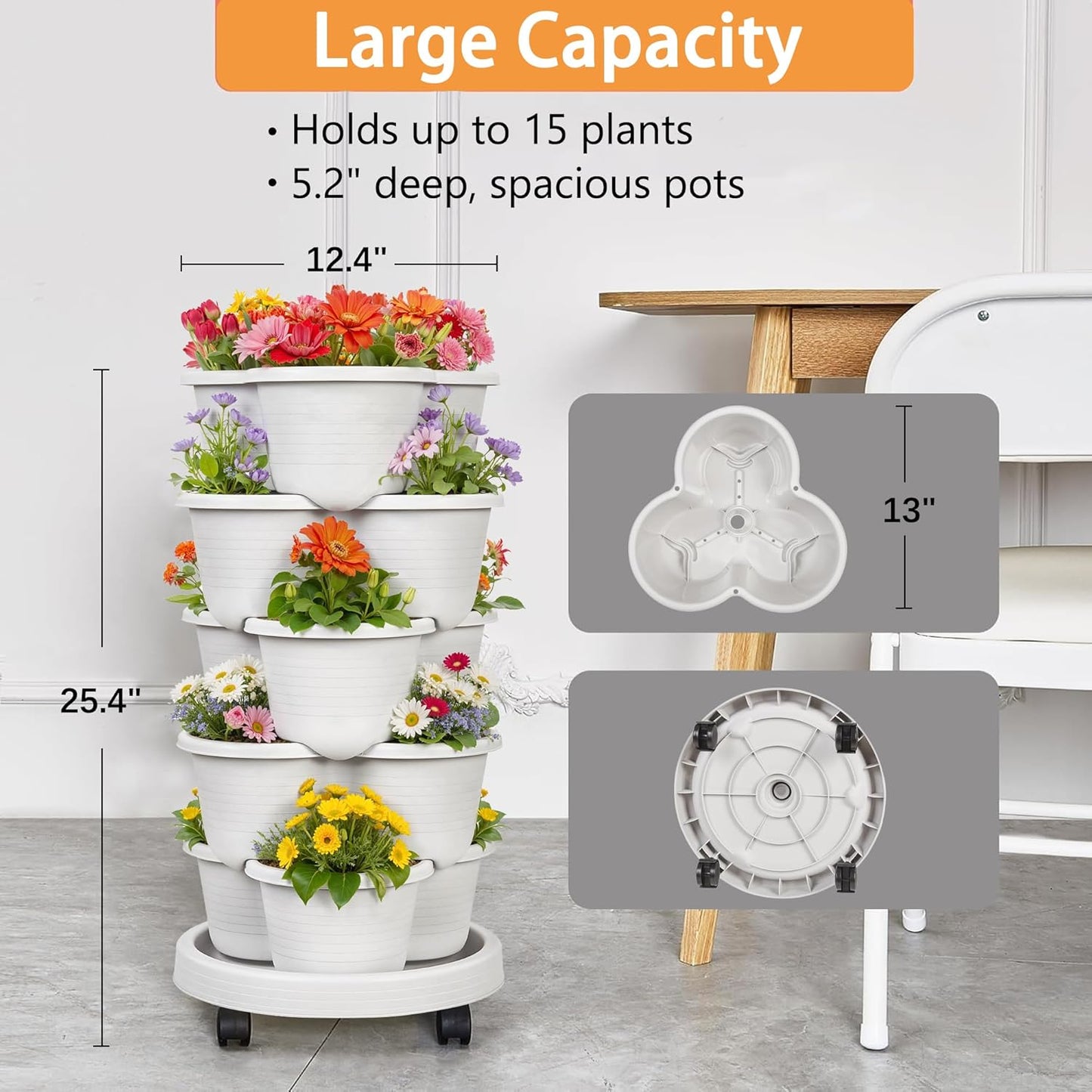 VECELO 5 Tier Vertical Garden Planter, Self Watering Stackable Planters with Wheels for