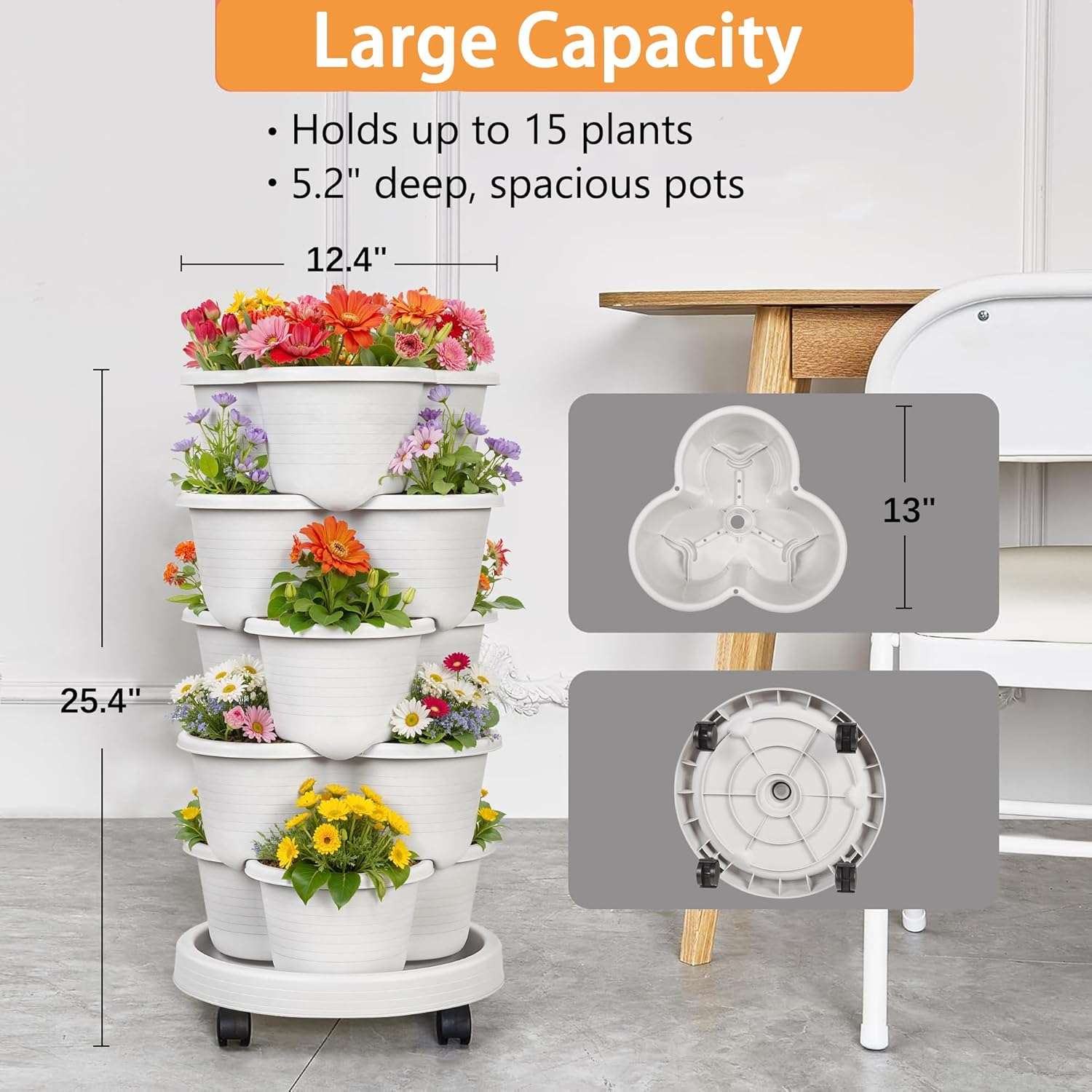 VECELO 5 Tier Vertical Garden Planter, Self Watering Stackable Planters with Wheels for