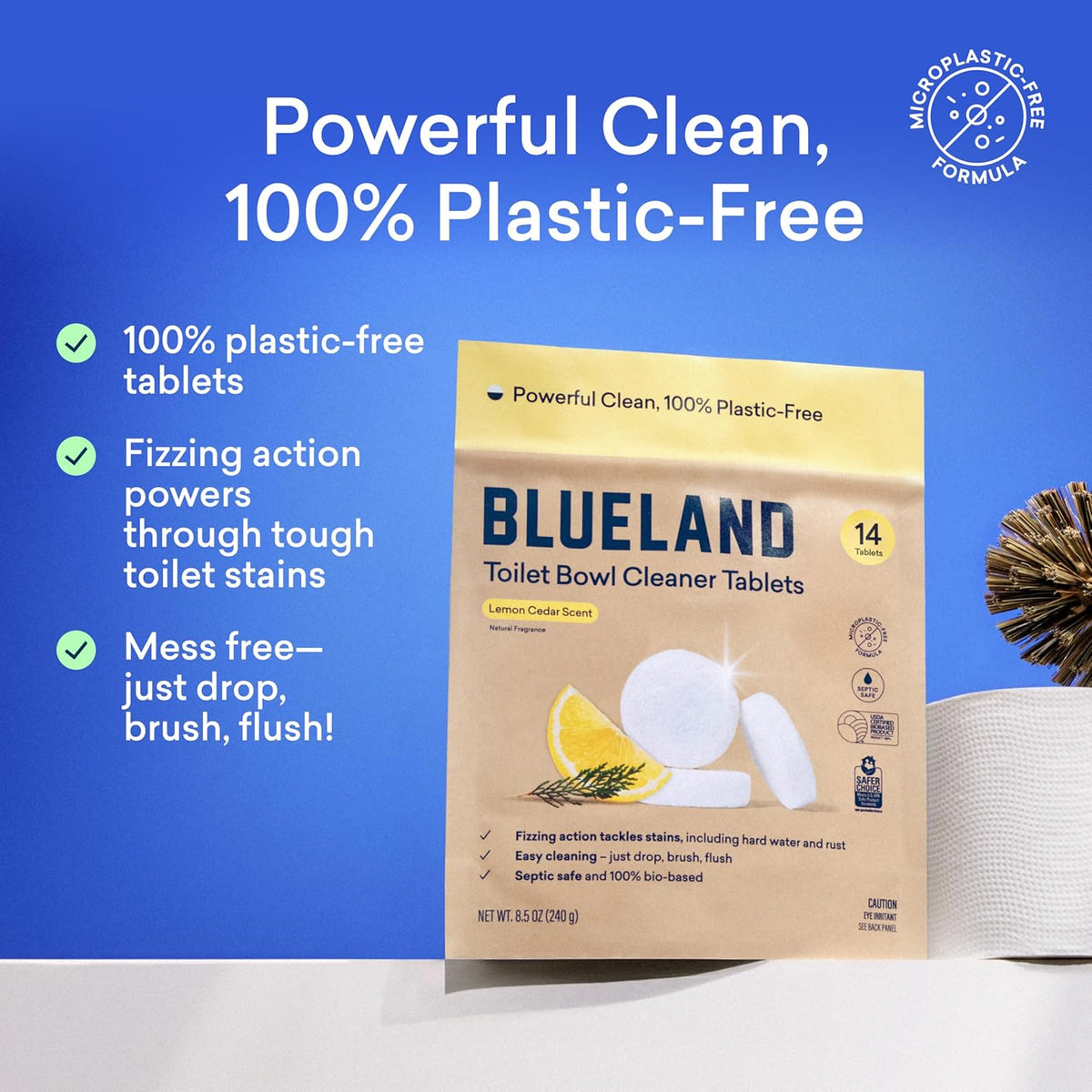 BLUELAND Toilet Bowl Cleaner Tablets, 2-Pack, 28 Count, Lemon Cedar, Plastic-Free, No Harsh