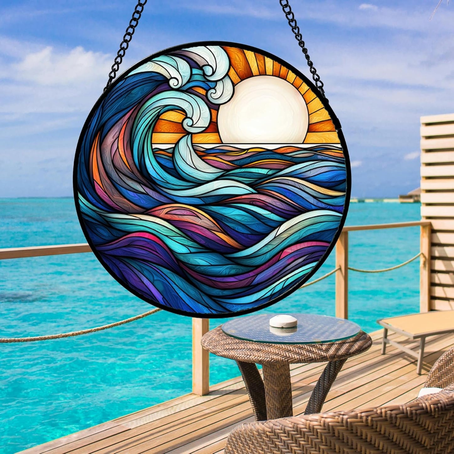 Stained Glass Window Hanging, Big Wave Sun Suncatcher Diamond Glass Panel Hangings Abstract Sun