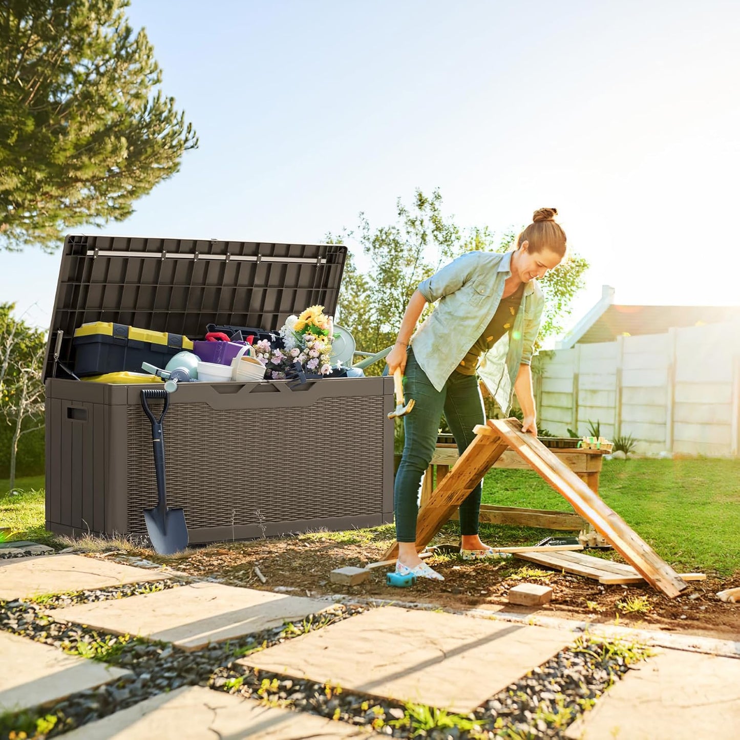 Greesum 100 Gallon Resin Deck Box Lockable Large Outdoor Storage Boxes for Garden Tools, Patio