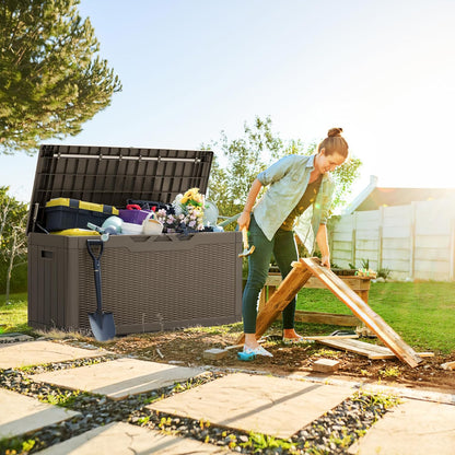 Greesum 100 Gallon Resin Deck Box Lockable Large Outdoor Storage Boxes for Garden Tools, Patio