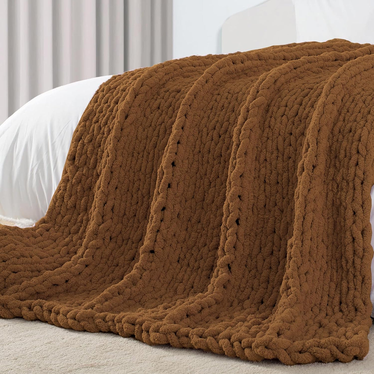 Carriediosa Chunky Knit Throw Blanket 50" X 60", 100% Hand Made Large Chenille Loop Yarn Soft