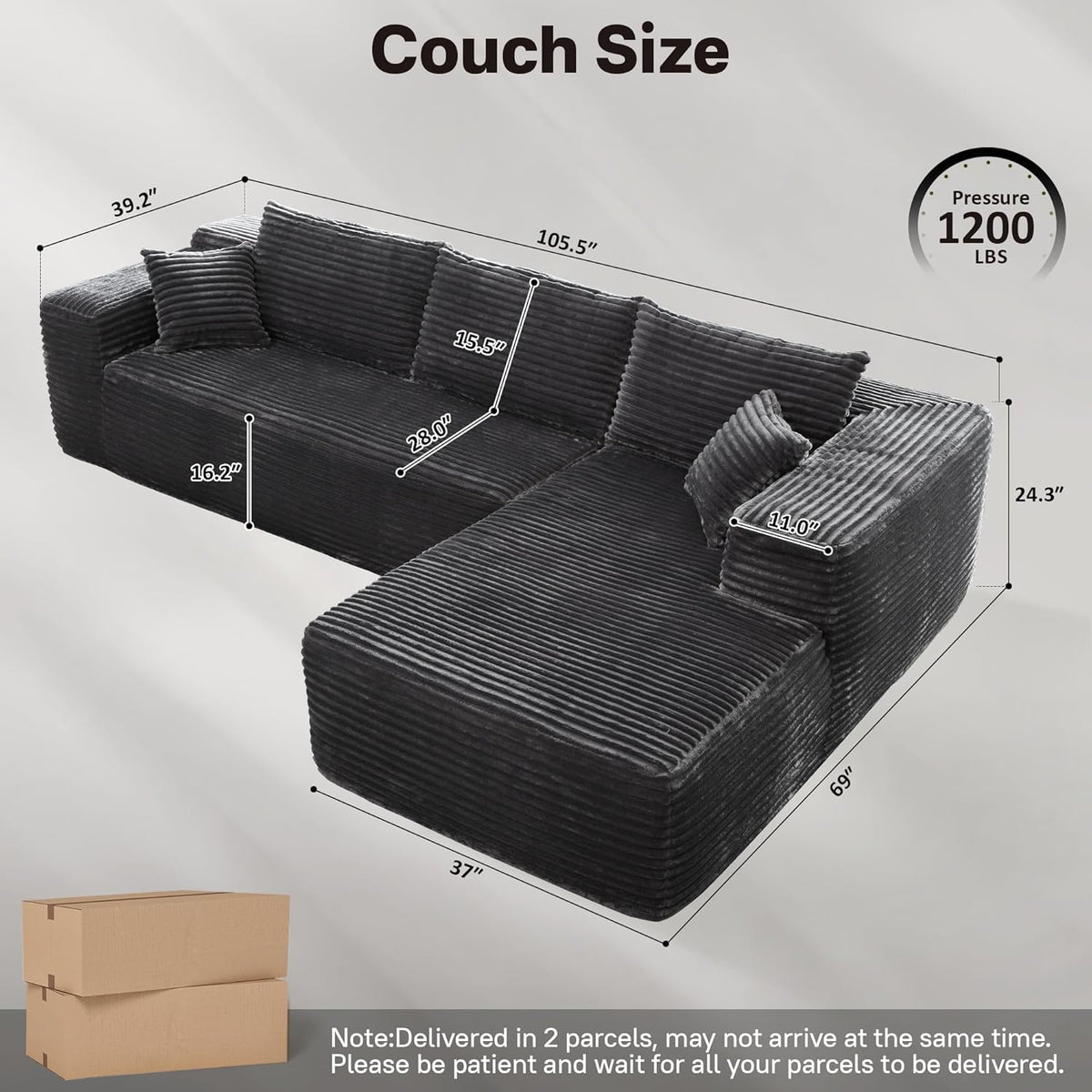 106" Cloud Sectional Couches for Living Room,Plush Corduroy Boneless Couch with Comfy Chaise,L