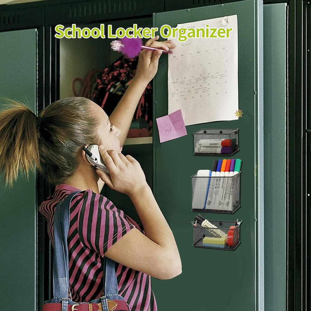 Neudeco Locker Shelf Organizer, Magnetic Pencil Holder, Metal Storage Basket for Whiteboard